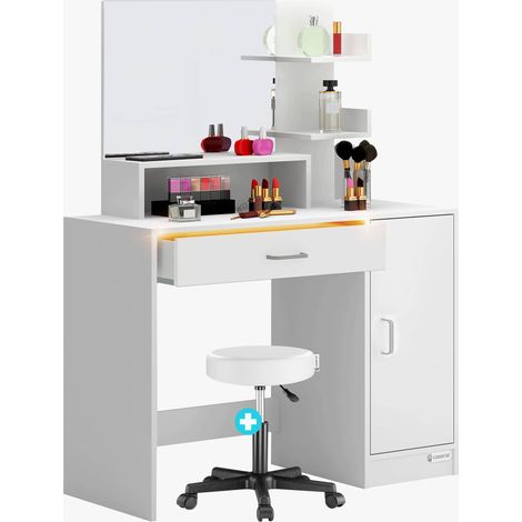 CASARIA® Coiffeuse Jocelyn avec tabouret assise lumière LED miroir tiroir éclairé 90x40cm table de maquillage rangement dressing Avec tabouret (1/5)