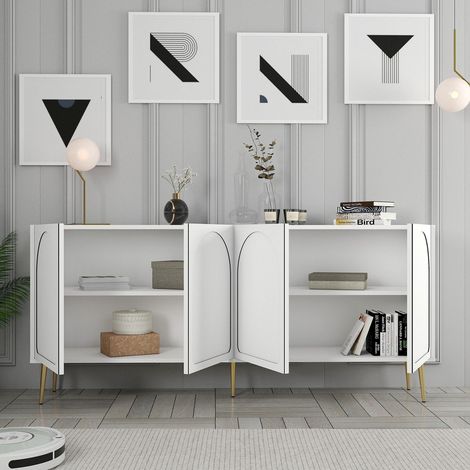 Sideboard Torno, 2 Regalböden, 4 Türen, 4 Fächer, 180x35x80h cm Weiß (1/5)