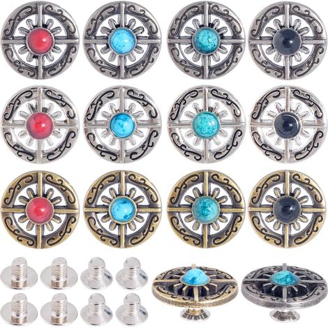 24 Lot de 12 Rivets en Alliage Turquoise Conchos Vintage Boucles Décoratives Western Boutons à Vis Ronds Creux en Métal Argenté et Doré Antique en Forme de Croix et de Soleil (1/5)