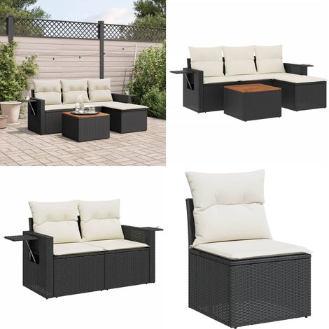 5-tlg. Garten-Sofagarnitur mit Kissen Schwarz Poly Rattan - Gartenmöbel - Sofasatz - Outdoor Möbel - PE-Rattan - Gartenlounge - Home & Living