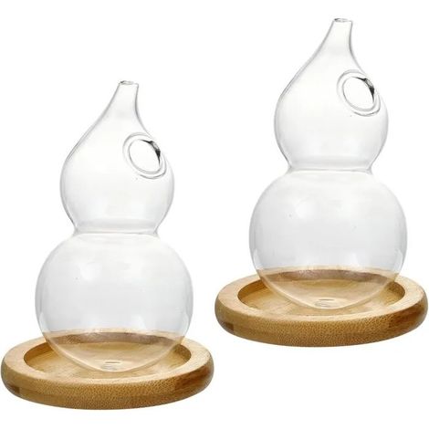 Ensemble de 2 petits vases en verre avec plateau en bambou, pour centre de table. (1/5)