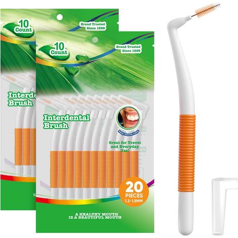 Lot de 20 Brossettes Interdentaires - Largeur : 1,2 à 1,5 mm - 90° - En Forme de L - Orange - Pour Appareils Dentaires (1/5)