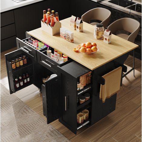 Mueble de cocina multifunción 110 x 46 x 90,5 cm con mesa abatible y ruedas negro HAVRYA (1/5)