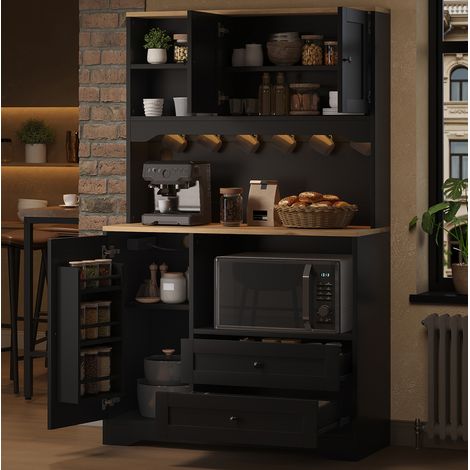 Credenza da cucina 100x40x163 cm, con illuminazione LED, presa integrata, ripiani regolabili, MDF nero (1/5)