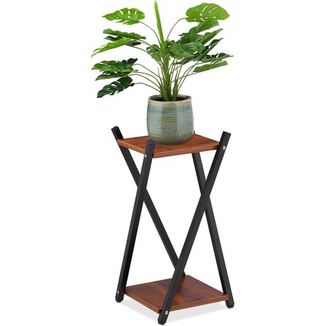 Étagère à Plantes, 2 Surfaces Effet Bois, Tabouret Moderne Fleur, 57x29x29 cm, Colonne, Noir-Brun foncé (1/5)