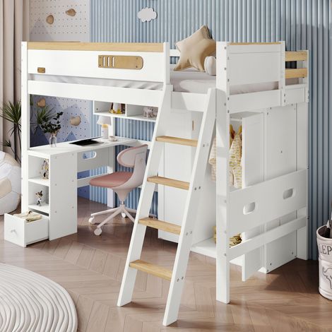 Etagenbett 90x200 cm Weiß/Natur aus Massivholz und MDF mit Fallschutzgitter, Tisch, Kleiderschrank und Stauraum (1/5)