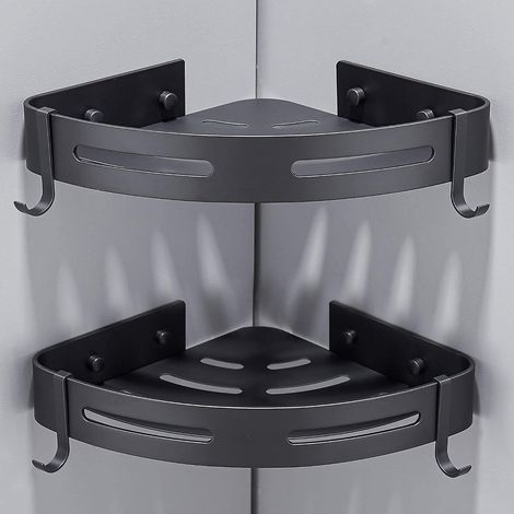 2er-Set Eckduschablagen, kein Bohren erforderlich, Badezimmeraufbewahrung, Duschzubehör, Seifenablage, rostfreies Aluminium mit Haken, Schwarz (1/3)
