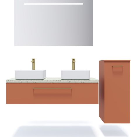 Meuble de salle de bain suspendu 2 vasques à poser 120cm 1 tiroir Terracotta + miroir + colonne ouverture droite - Glasgow (1/5)