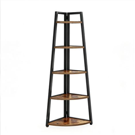 Scaffale angolare a 5 ripiani in metallo e legno, nero e marrone (1/5)