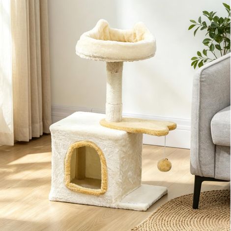 Árbol para gatos de 72 cm beige y amarillo con cueva, plataforma pez y pelota - CHICFURN (1/5)
