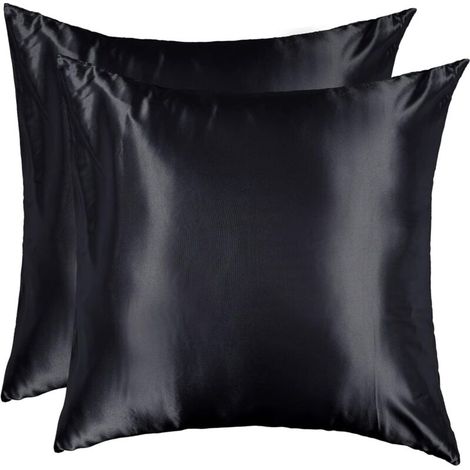 Funda de almohada de satén de 60x60 cm, juego de 2 – Elegante funda con cremallera – Suave como la seda para la piel y el cabello – Negro-Crezuo