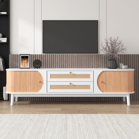 Meuble TV, Meuble tele 170 cm blanc et bois avec cannage rotin, meuble télévision avec portes et tiroirs, meuble bas TV style scandinave bohème, meuble TV salon rangement (1/5)