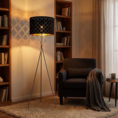 Lampadaire abat-jour textile lampe d'appoint or noir lampe trépied 3 pieds textile, nickel mat, douille E27, DxH 62x158 cm (1/5)