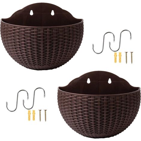 Wandplantenbak voor buitenplanten, 2 stuks imitatie rotan muur hangende bloempot, halve cirkel hangende plantenbak buiten met afvoergat en haken, plantenhouder hanger (1/5)