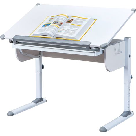 Dmora Höhenverstellbarer Schreibtisch mit kippbarer Ablage, in Weißmetall, 110x68x55-78 cm