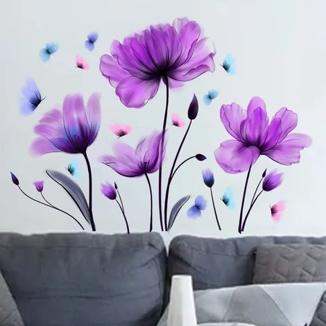 Décor mural adhésif fleurs bleues grand format, stickers muraux coquelicots botaniques, autocollant déco salon chambre salle de bain, art mural autocollant (1/5)