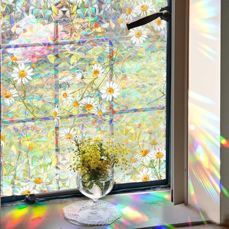 Film de confidentialité arc-en-ciel pour fenêtre 100x43cm – Protection solaire anti-UV, statique 3D motif petite marguerite, autocollant décoratif non adhésif pour chambre (1/5)