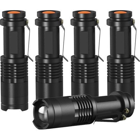 Mini torce a LED tascabili (confezione da 5), torce portatili super luminose, messa a fuoco regolabile, compatte e portatili, ideali per campeggio e ciclismo per bambini. (1/5)
