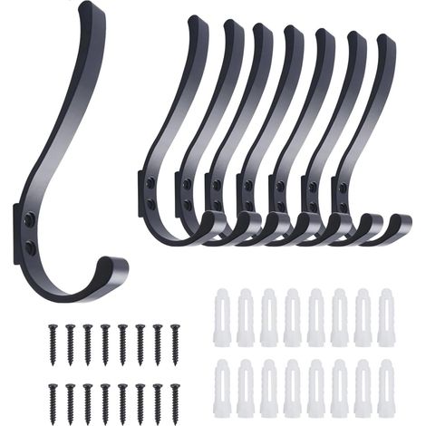 8 x Crochets Muraux Robustes, Porte Manteau Mural en Aluminium, Crochet Double à Visser pour serviettes,vêtements,sac à dos, Patere Murale pour Salle de Bain,Entrée,Cuisine,Armoire,Porte (Noir) (1/5)