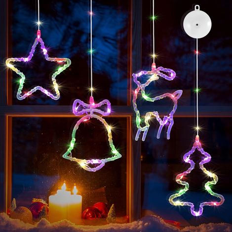 4 pcs Christmas Window Lights with Suction Cups, Hanging Christmas Windows Light with 8 Modes & Auto Timer, Battery Operated Xmas Window Lights Decoration for indoor (4 Pattern, Colorful) (1/5)