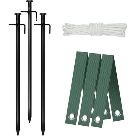 8 Pièces Piquets d'arbre Kit, 3Pcs 30cm Piquets d'arbre Robustes avec 3Pcs Sangles de Jalonnement d'arbre et 10m Corde d'ancrage pour Supports dans Protection Contre Ouragans et Intempéries (1/5)