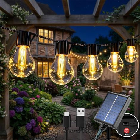 Guirlande Lumineuse Extérieure Solaire, 9M 20 LED Guirlande Guinguette Solaire et Rechargeable USB, 8 Modes Étanche Éclairage d'Ambiance pour Jardin, Balcon, Terrasse, Fête (Blanc Chaud) (1/5)