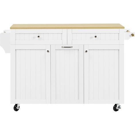 Îlot de cuisine mobile avec plateau extensible et tiroirs multifonctions, MDF blanc et bois, 140x40-70x92 cm (1/5)
