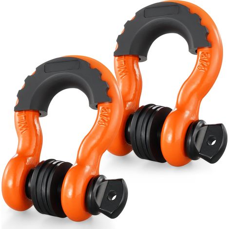 Manille à anneau D 19 mm, lot de 2 manilles de remorquage acier allié, résistance à rupture 28,5 t avec goupille à vis 22 mm, isolateurs et rondelles, récupération pour VTT, camion, jeep, orange (1/5)
