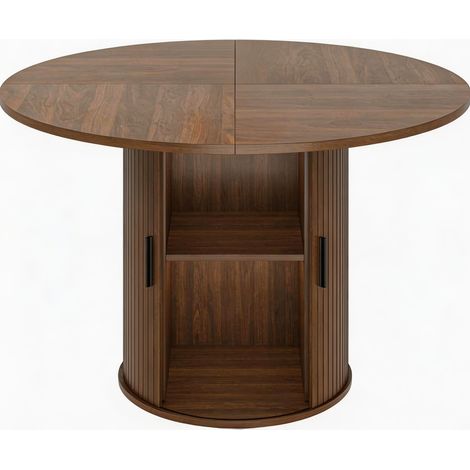Table Ronde en Bois, Rangement Intégré, 120 cm Table à Manger Ronde, 4 à 6 Personnes, Double Étagère Et Porte Coulissante, Noyer