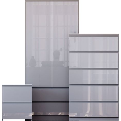 Glinton 3 Piece Bedroom Set (2 Drw Bedside, 5 Drw Chest, 2 Dr 2 Drw Wardrobe), Grey (100% FSC) (1/4)