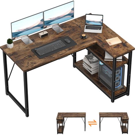 Bureau d'angle L 120x80x75cm avec 3 Etagères Réversible, Marron (1/5)