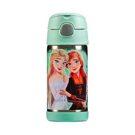 Thermos Kids FUNTAINER STRAW BOTTLE DISNEY 0,35 l, Frozen II, bottiglia termica per bambini in acciaio inox con cannuccia, 12 h freddo, lavabile in lavastoviglie, ermetica senza anidride carbonica,