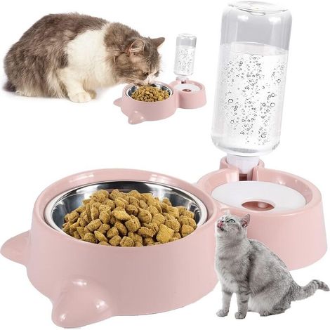 Comedero doble para gatos, comedero para mascotas con doble cuenco para gatos y perros pequeños, color rosa, 2 en 1. (1/5)