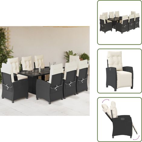 The Living Store 9-tlg. Garten-Essgruppe mit Kissen Schwarz Poly Rattan - Gartengestelle - Gartenmöbelset - Outdoor Möbel - Esstisch - Gartenstühle