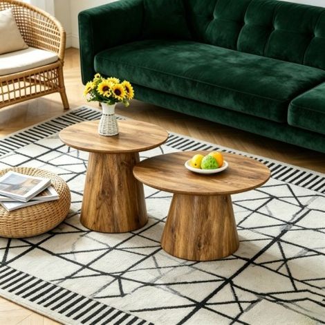 Set di tavolini da caffè in MDF effetto legno naturale – 2 tavolini laterali rotondi con sgabello, alto 50×48 cm + basso 60×35 cm, venatura naturale + base stabile, adatti per soggiorno/salotto. (1/5)