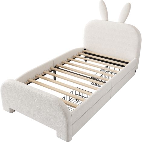 Cama infantil 90 x 200 cm blanca con cabeza de conejo, 2 cajones, felpa y MDF (1/5)