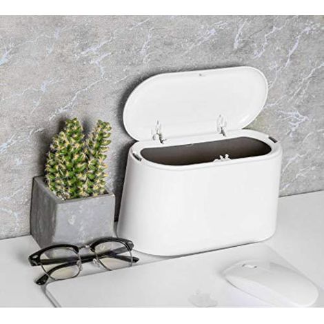Petite Poubelle de Table, Mini Poubelle de Bureau Cuisine en Design Plastique avec Couvercle à Bouton-Poussoir,Push Top Trash Can Rubbish Waste Dust Bin (Blanc) (1/5)