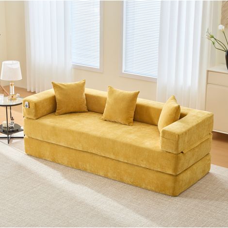 Modulares Sofa 198/79/60 cm aus Chenille in Senfgelb mit Seitentaschen und rutschfester Unterseite (1/5)