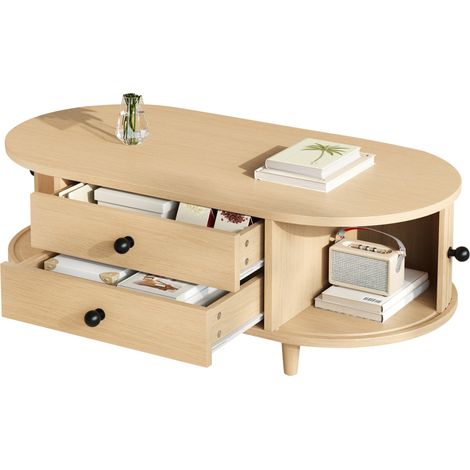 Table basse à portes coulissantes, bois clair, 2 tiroirs, MDF et pieds en bois, 100 × 50 × 36 cm, charge 50 kg, pour salon moderne  CHICFURN (1/5)