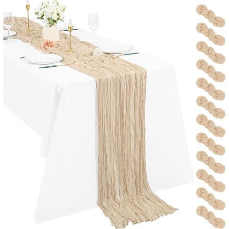 Lot de 12 Chemins de Table en étamine Chemin de Table Bohème en Gaze de 55 x 300 cm, Chemin de Table Rustique et Romantique pour fête de Mariage Thanksgiving décoration de Noël (Beige) (1/5)