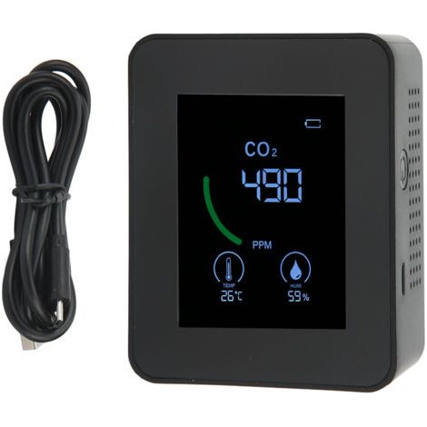 Détecteur de dioxyde de carbone, chargement USB, capteur TVOC, moniteur de qualité de l'air à semi-conducteurs avec mesure de la température et de l'humidité, noir