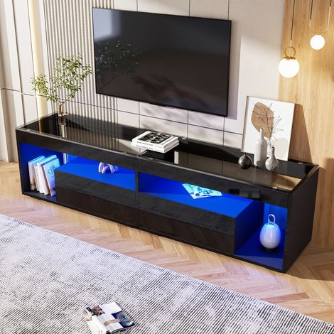 Meuble TV noir laqué brillant LED compatible 70 pouces 2 tiroirs console