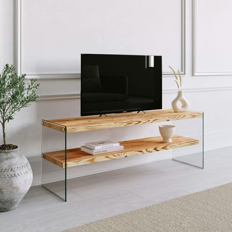 Meuble TV en bois clair et verre - 2 niveaux LHASA (1/5)