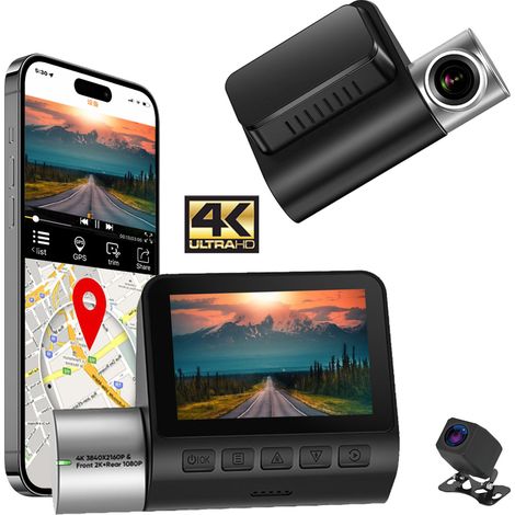 2-Zoll-4K-Dashcam mit Dual-Objektiv, WLAN und GPS – 4K Ultra HD-Frontkamera und 1080p Full HD-Rückkamera, verbesserte Nachtsicht, Loop-Aufnahme, Parküberwachung und Smartphone-App – Weitwinkel-Auto-DV