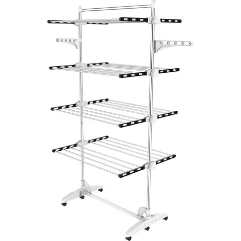 Todeco – Etendoir à linge 4 étagères en acier inoxydable – Charge max 3 kg par barre – Dimensions déployées 87,9 x 66 x 163,1 cm – Avec ailes et barre supérieure