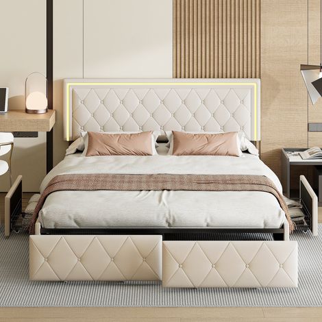 Lit 160x200 avec éclairage LED, Cadre de Lit 2 Personnes avec 4 Tiroirs en Rangement,sommier à lattes,tête de lit réglable, PU Beige (1/5)