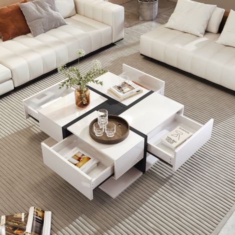 DESMIU Table basse carrée avec 4 tiroirs et niche de rangement, finition brillante, pour salon, en panneau de particules, blanc, 78 × 78 × 36 cm (1/5)