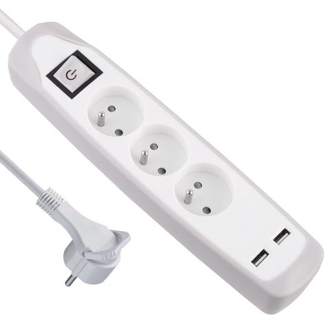 Bloc Multiprise 3 prises et 2 USB - couverture en silicone protection contre impacts - câble 2 mt - fiche plat (1/5)