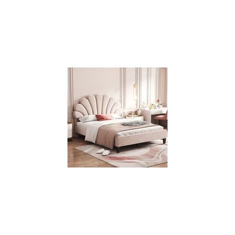 Lit double 140x200 cm Tête de lit en fleur Tissu velours beige Sommier à lattes renforcées Capacité 250 kg (1/5)
