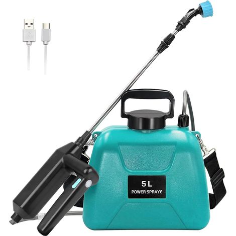 Pulvérisateur électrique 5 L à batterie avec poignée rechargeable USB, lance télescopique pour jardin, pelouse, mauvaises herbes et plantes, vert (1/5)